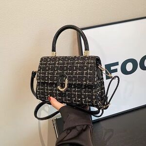 Black Tweed Top-Handle Satchel with Gold Hardware